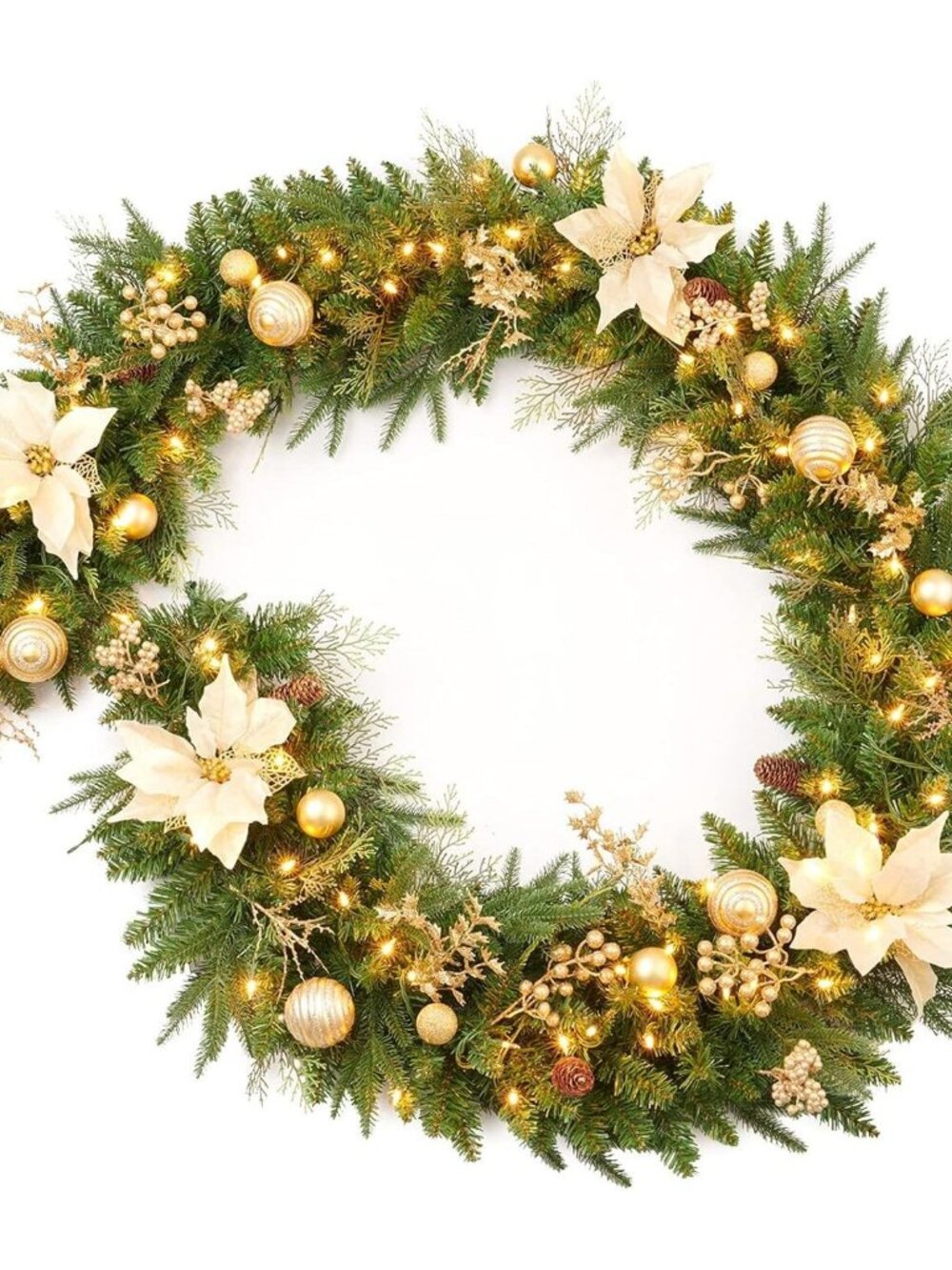 9Ft Christmas Garland Prelit with Gold Berries and Balls,Flower and 50 Lights Pl
